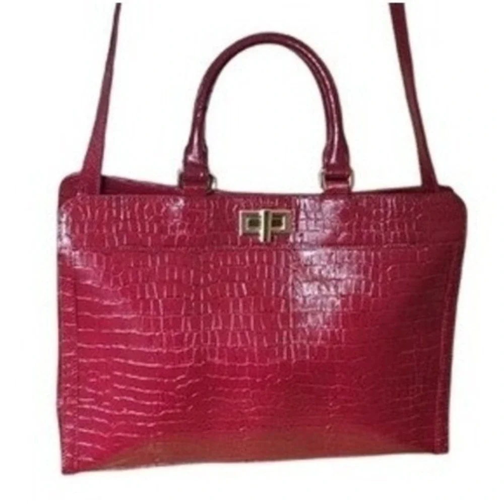 Talbots Leather Dark Red‎ Satchel Crossbody Bag Gold Hardware Gator Croc